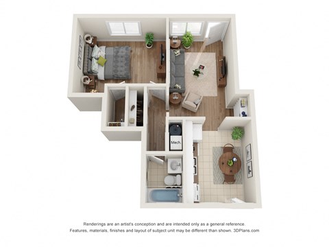 Floor plan for 1 bed, 1 bath, 607 sqft
